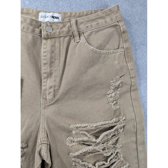 Fashion Nova Jeans Womens 13 Taupe Distressed Ripped Wide Leg Cotton Style TTCB3 - Picture 3 of 16